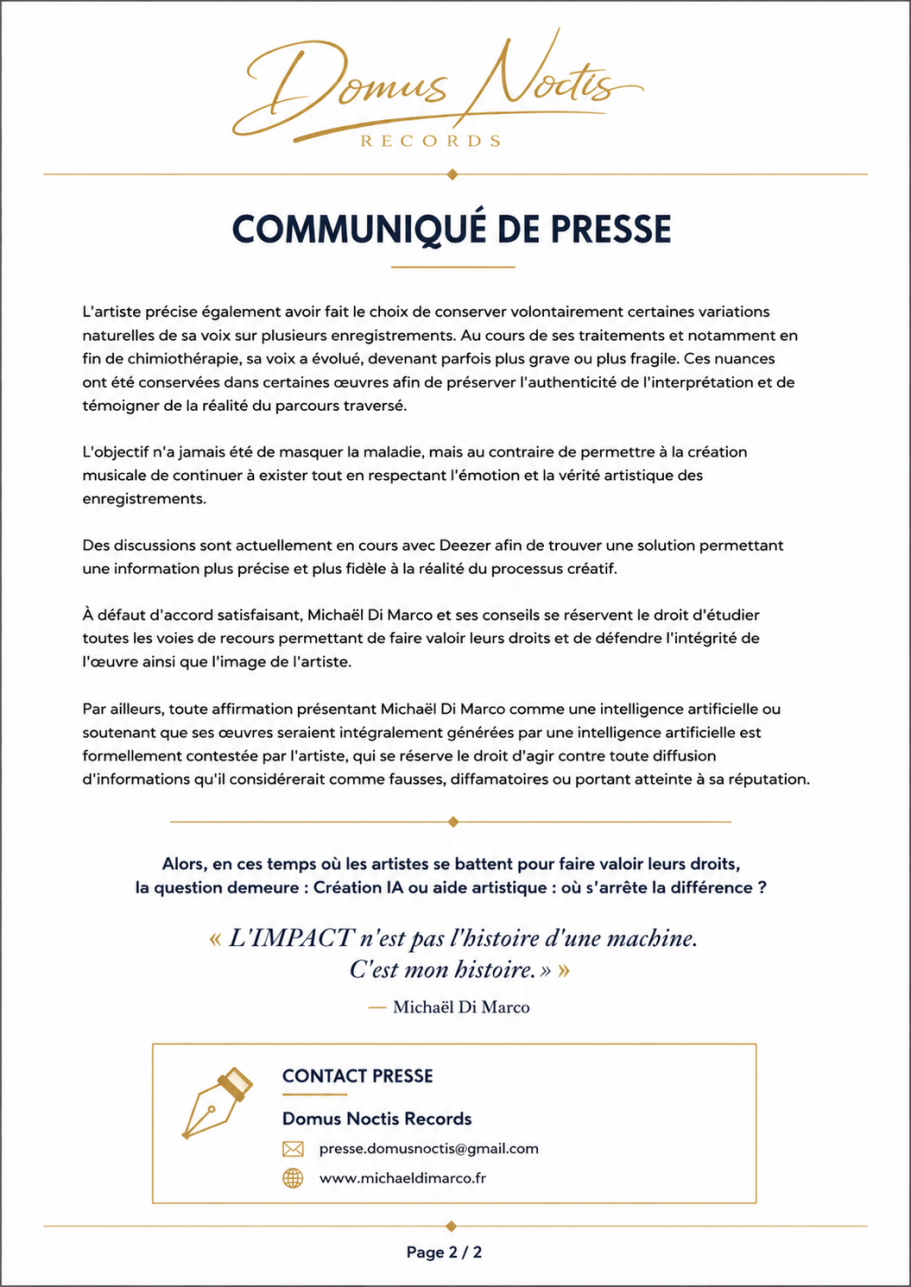 Communiqué de presse signé, avec logo en haut et texte formel sur fond blanc.